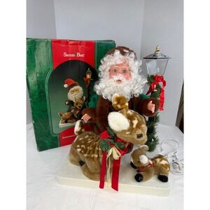 Vintage 1995 Santa's Best Animated Santa with Deer and Fawn Lighted Lamp Post